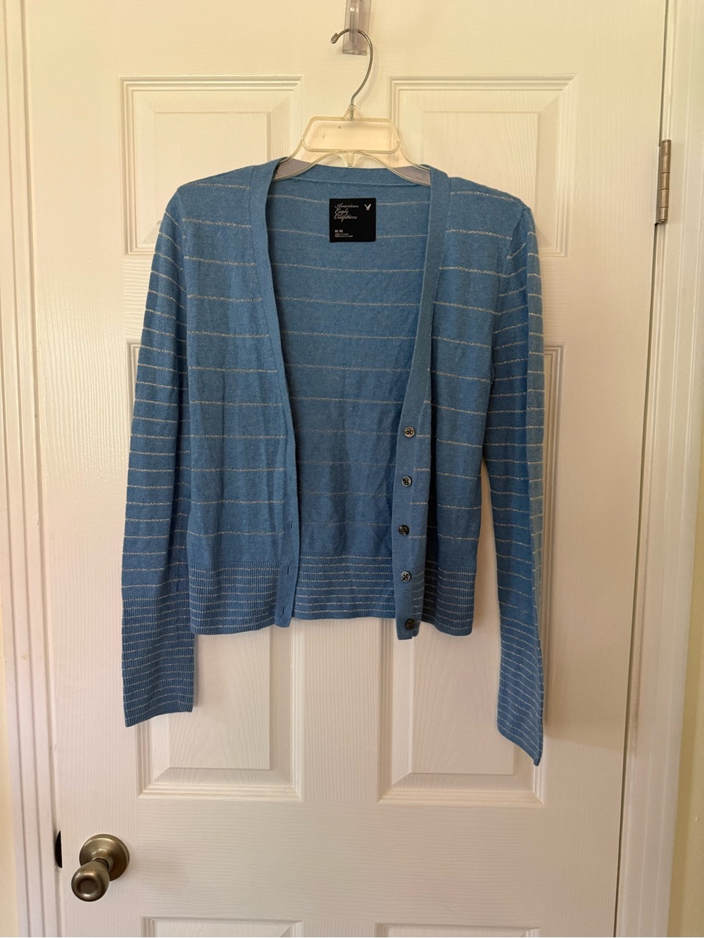 American Eagle Light Blue Striped Button-Up Cardigan